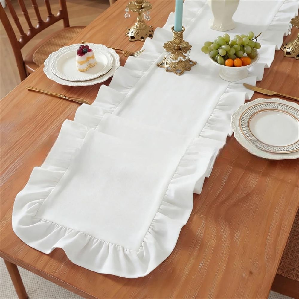 White Ruffled Table Runner Elegant Long Strip Mat for Coffee Table Tea Table Dining Table TV Cabin Holiday Home Decor Party Centerpiece Dining Room Buff Console Shelf Home Gathering Tea Space