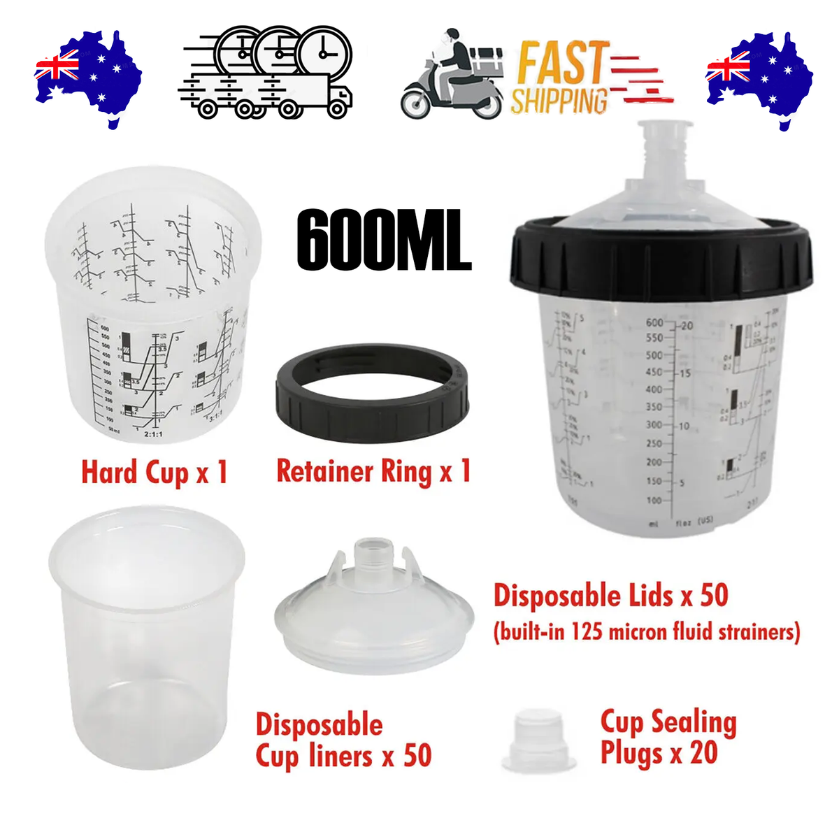 50 Sets Paint Spray Gun Cup Lids Liners Kit with Micron Filter  600ML Clear