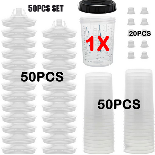 50 Sets Paint Spray Gun Cup Lids Liners Kit with Micron Filter  600ML Clear