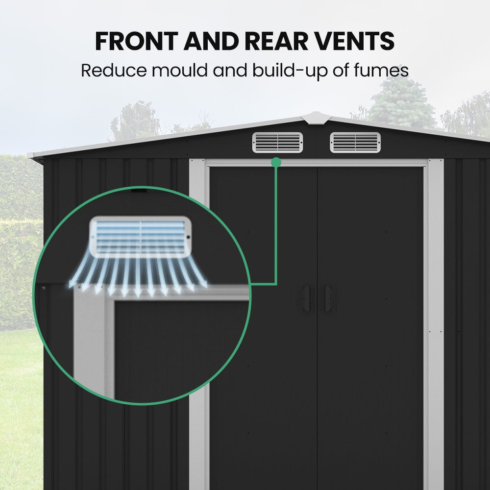 PLANTCRAFT Galvanised Steel Garden Shed 2.58 x 2.07 x 2.02m, with 2 Sliding Doors, 4 Air Vents, Gable Roof, Floor Frame, Black