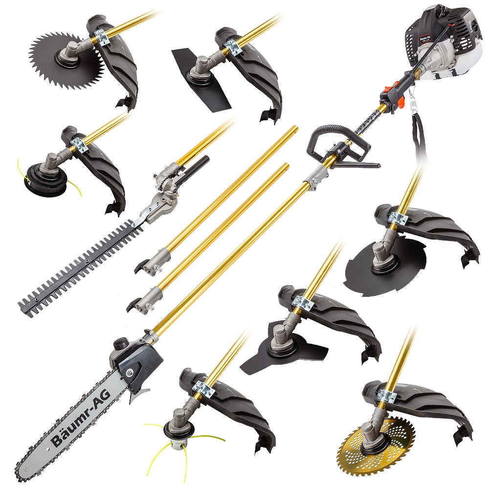 BAUMR-AG 65cc 9in1 Long Reach Garden Multi-tool, Pole Saw, Hedge & Line Trimmer, Brush Cutter, 12" Tree Trimming Pruning Chainsaw Bar, 2 Extension Shafts