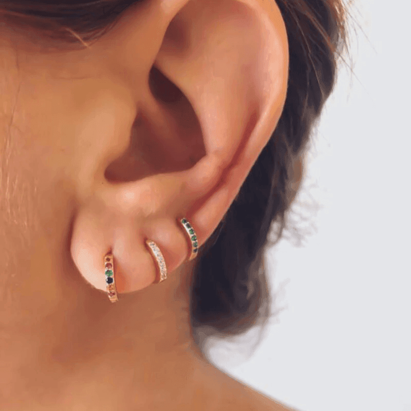 925 Sterling Silver Gold Rings Plated Cubic Crystal Cuff Huggie Hoop Earrings Au - Gold-Red Crystal