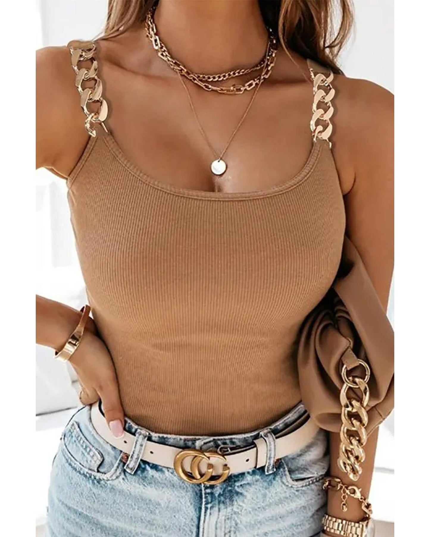 Brown Gold Chain Straps Rib Knit Tank Top - S