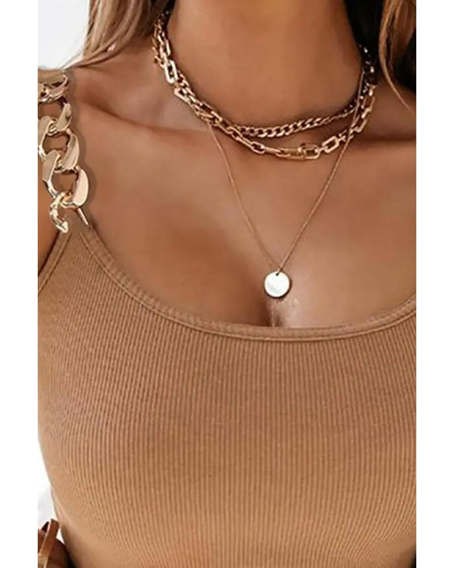 Brown Gold Chain Straps Rib Knit Tank Top - XL