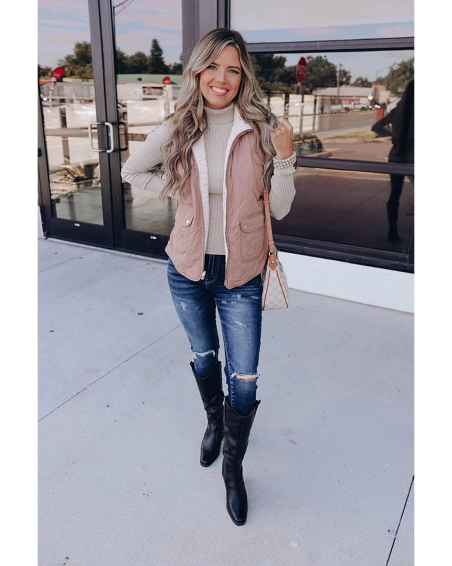 Pink Fleece Lined Quilted Vest Coats - XL