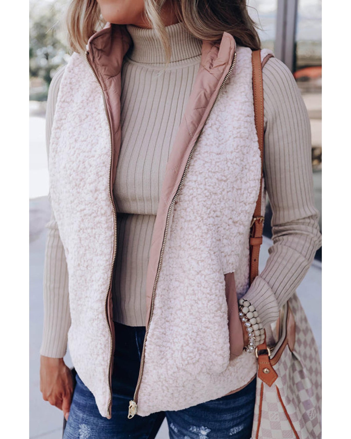 Pink Fleece Lined Quilted Vest Coats - XL