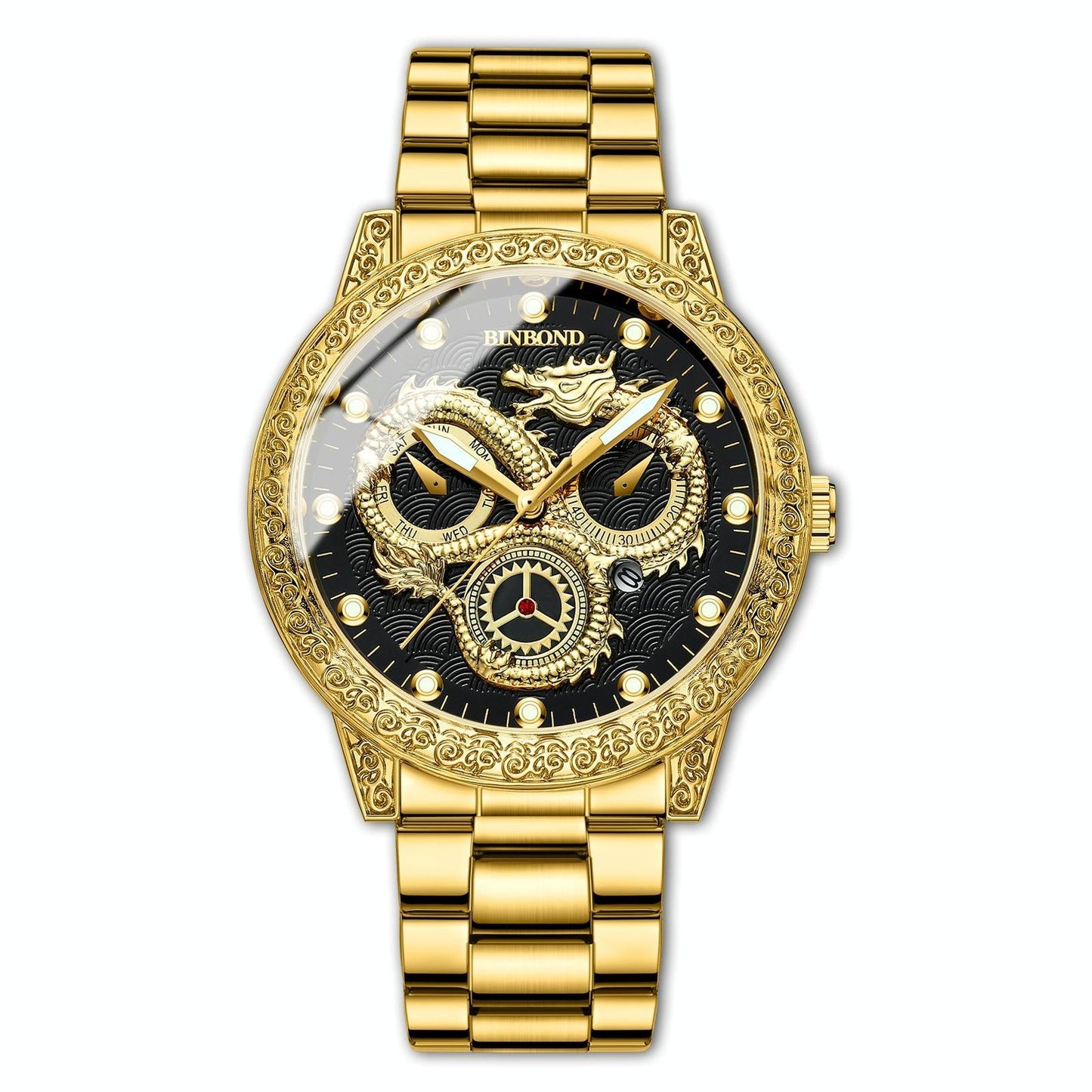 Dragon Embossed Luminous Waterproof Watch - Quartz - Full-Gold Gold