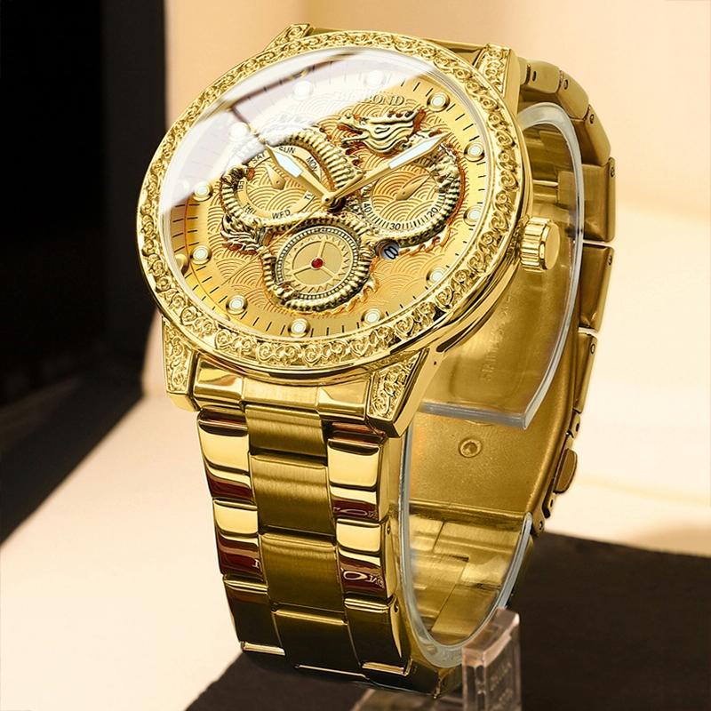 Dragon Embossed Luminous Waterproof Watch - Quartz - Full-Gold Gold