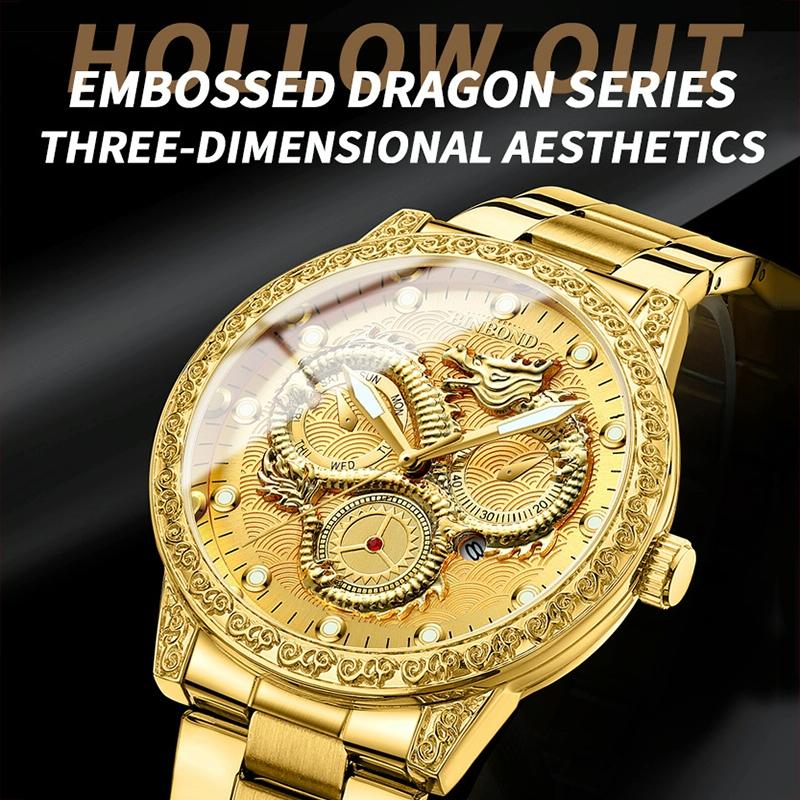Dragon Embossed Luminous Waterproof Watch - Quartz - Full-Gold Gold