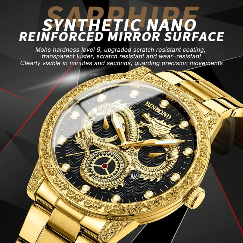 Dragon Embossed Luminous Waterproof Watch - Quartz - Full-Gold Gold