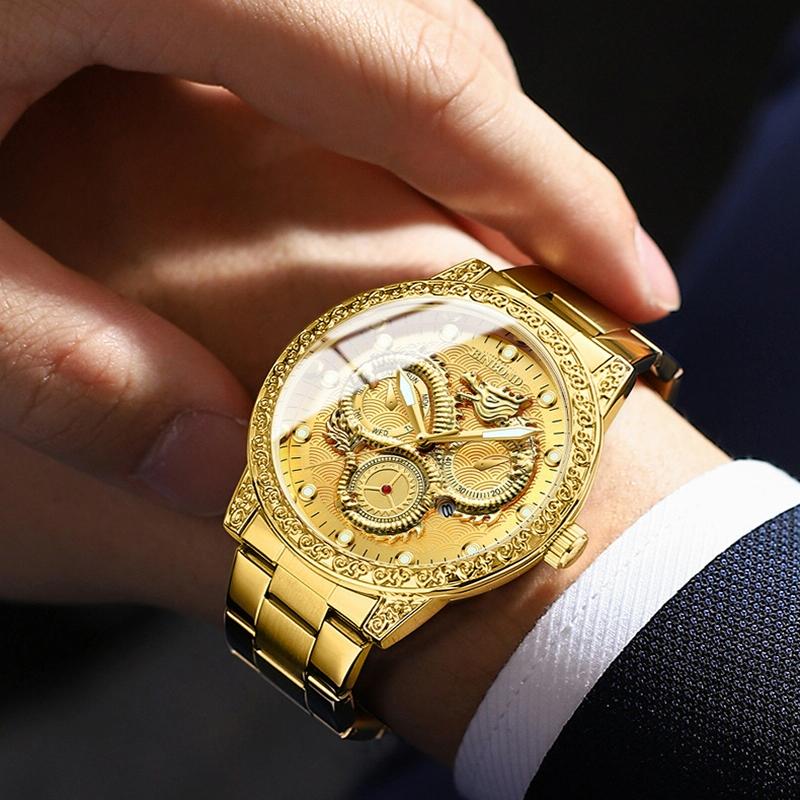 Dragon Embossed Luminous Waterproof Watch - Quartz - Full-Gold Gold