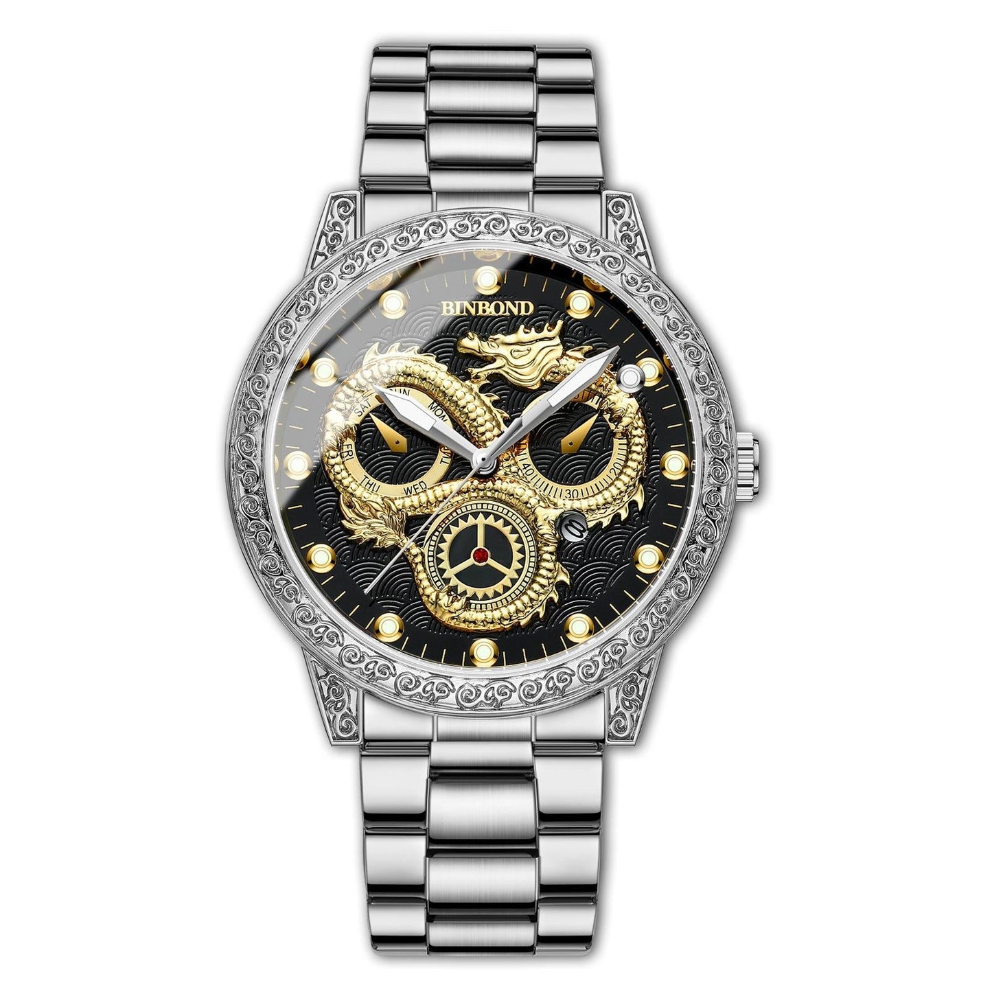 Dragon Embossed Luminous Waterproof Watch - Quartz - Full-Gold Gold