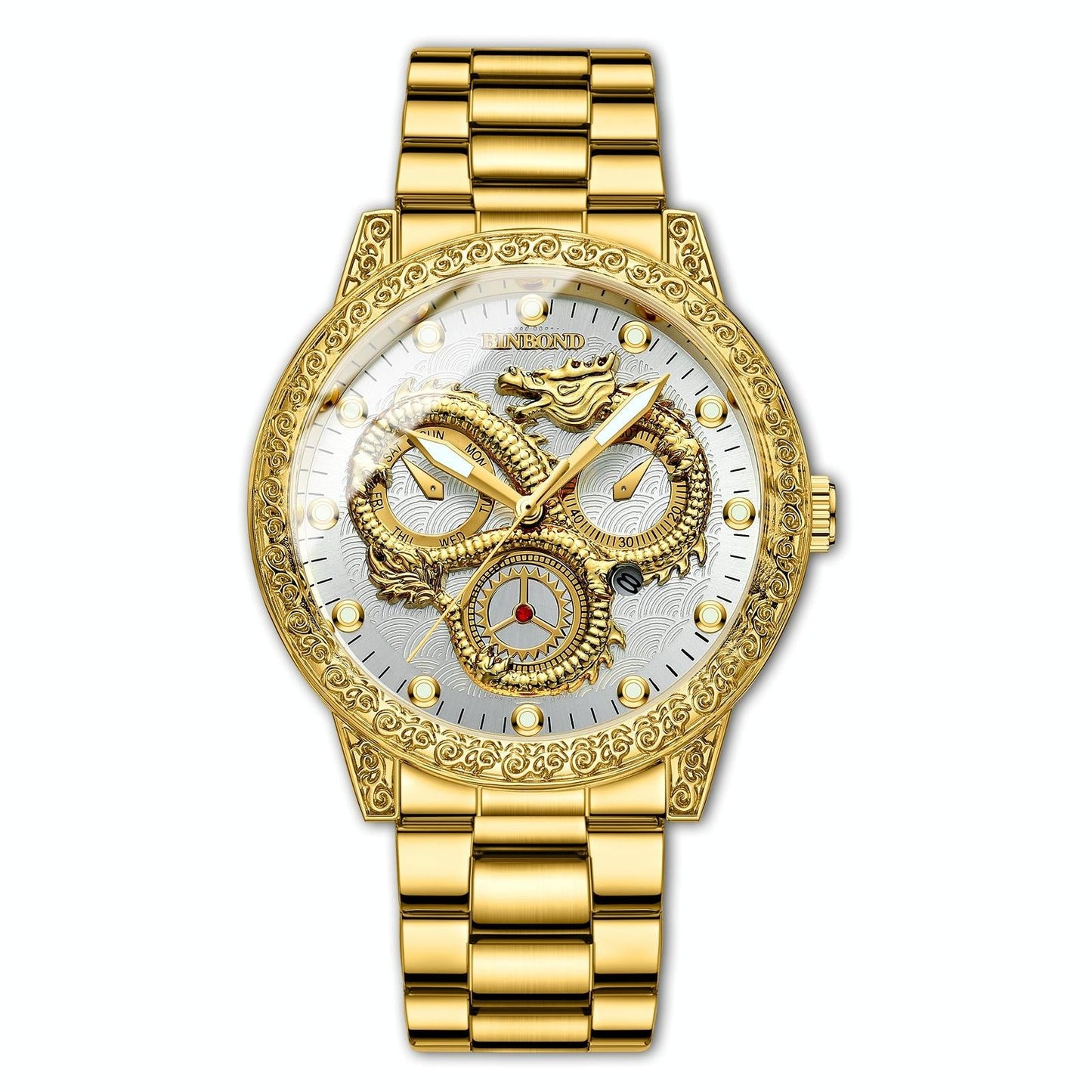 Dragon Embossed Luminous Waterproof Watch - Quartz - Full-Gold Gold