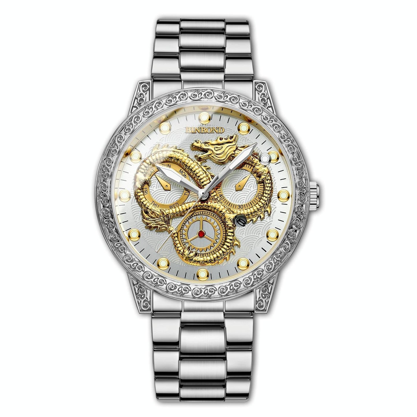 Dragon Embossed Luminous Waterproof Watch - Quartz - Full-Gold Gold