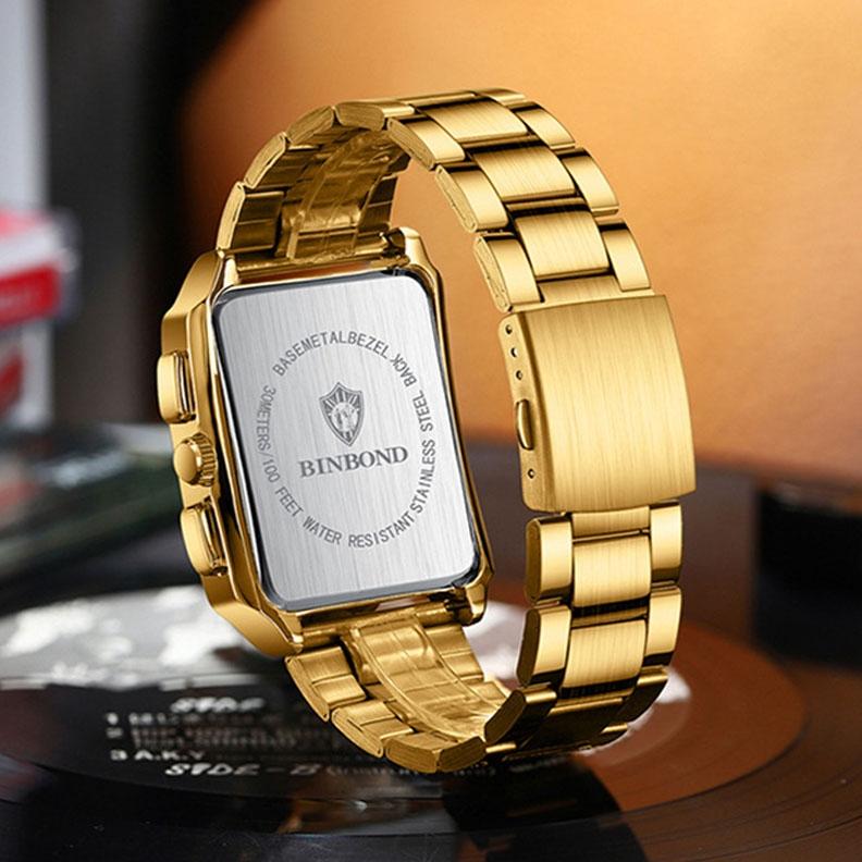 Vintage Square Multifunctional Luminous Quartz Watch for Men - Gold and Black