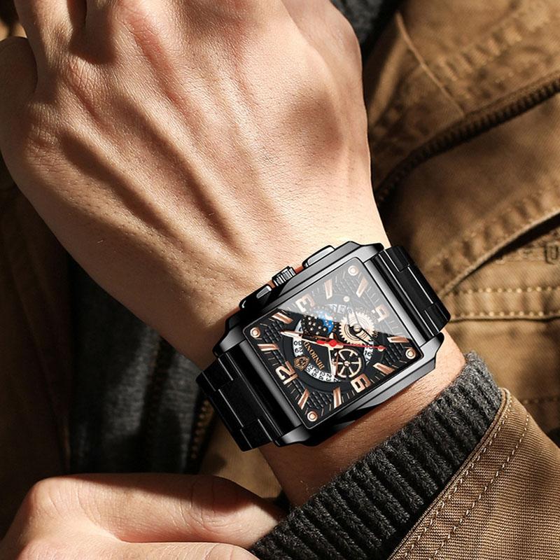 Vintage Square Multifunctional Luminous Quartz Watch for Men - Gold and Black