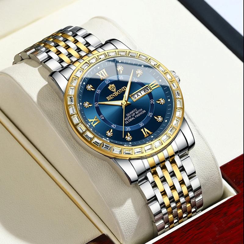 Diamond Dual-calendar Luminous Quartz Watch - B2202 - Full-Gold-Gold