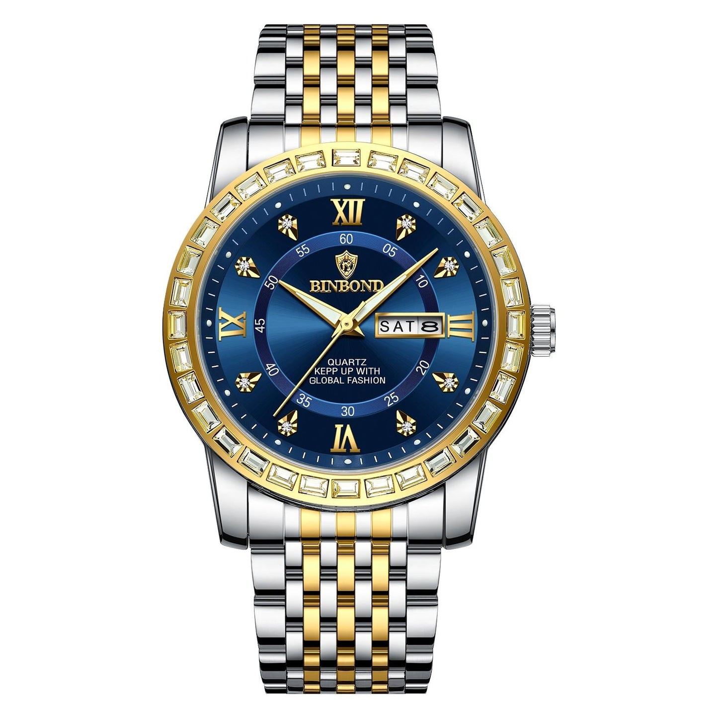 Diamond Dual-calendar Luminous Quartz Watch - B2202 - Full-Gold-Gold