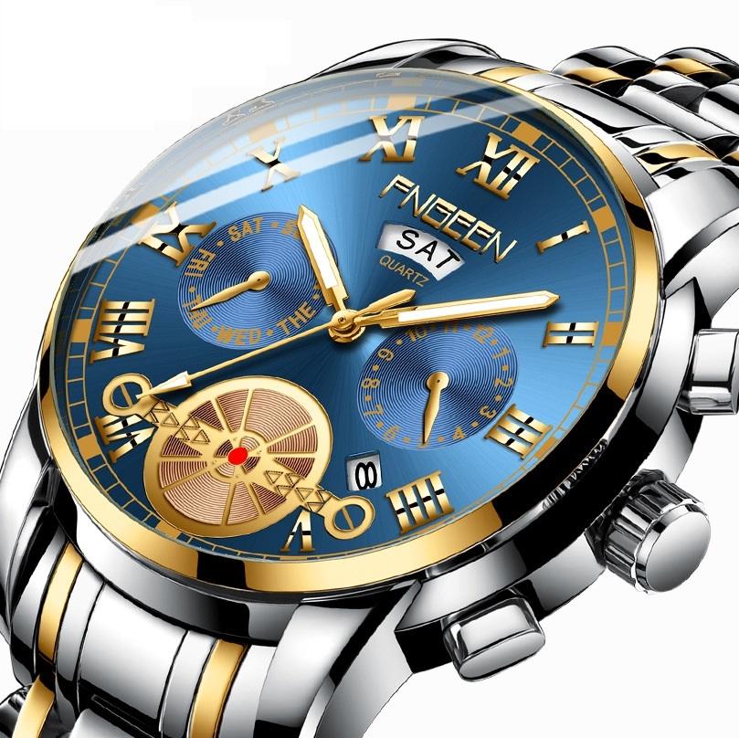 Gold Black Multi-function Men Quartz Watch with Gold Nails