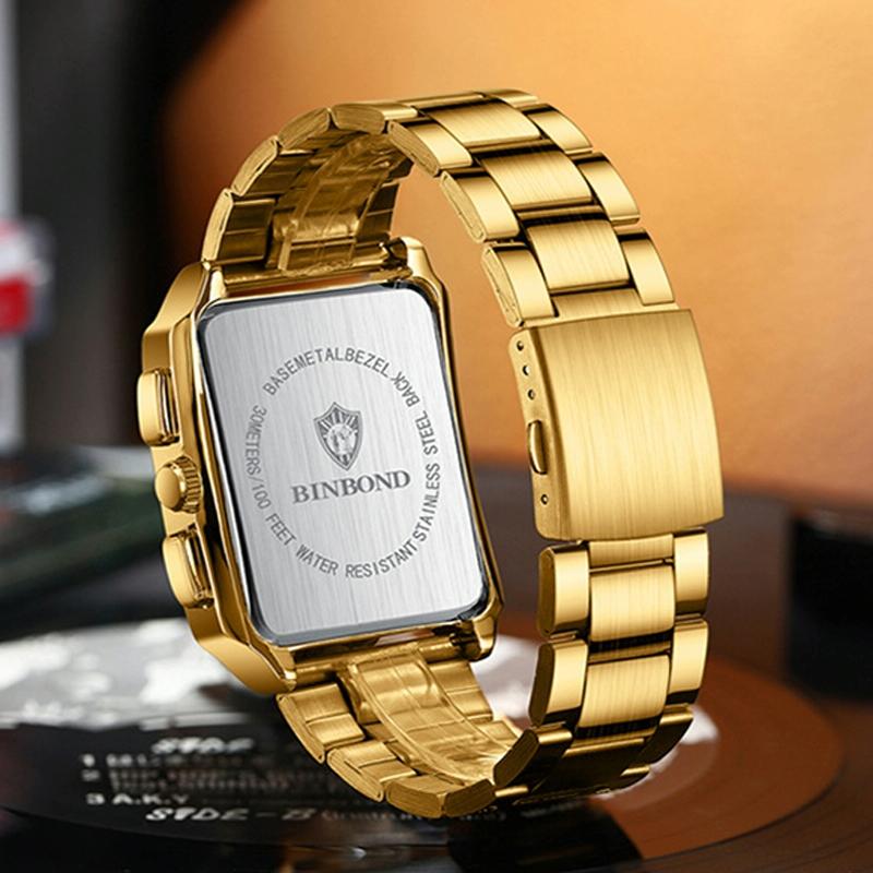Waterproof Men Quartz Watch - Rectangular Outdoor Design - Full Gold-Gold