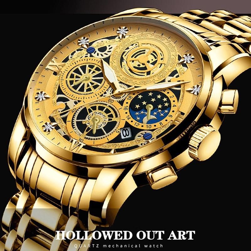 Waterproof Luminous Quartz Watch with Multifunctional Design - Full Gold Gold Surface