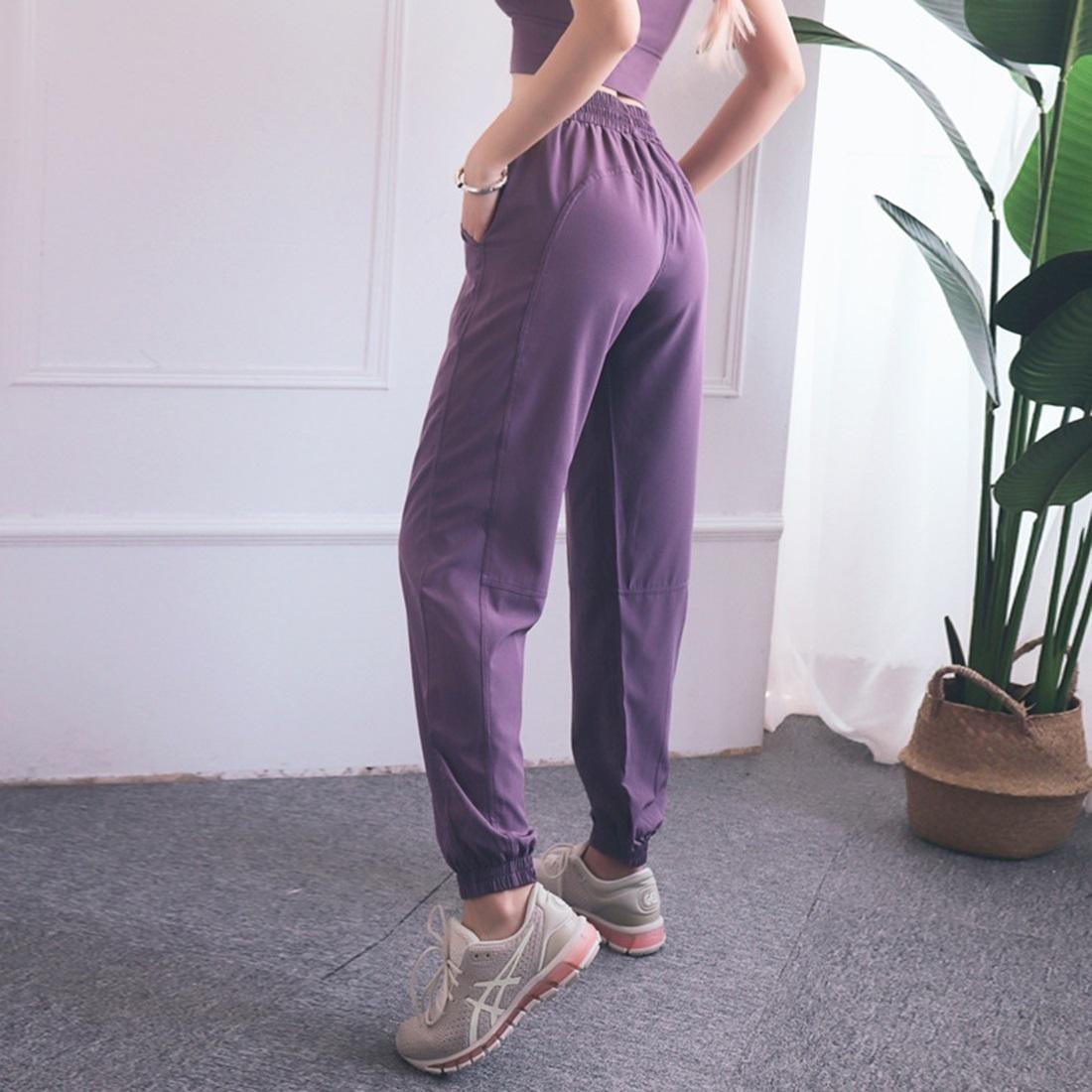 High Waist Drawstring Yoga Pants Black Size S - Smoke Purple