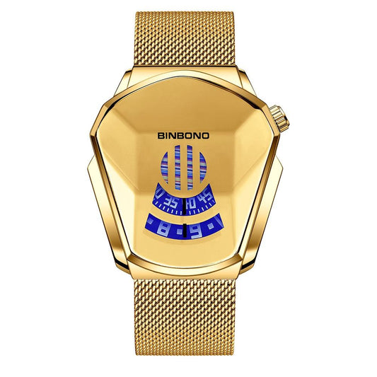 Black Technology Men Watch with Locomotive Concept - Gold Net Belt-Full Gold-Gold Face