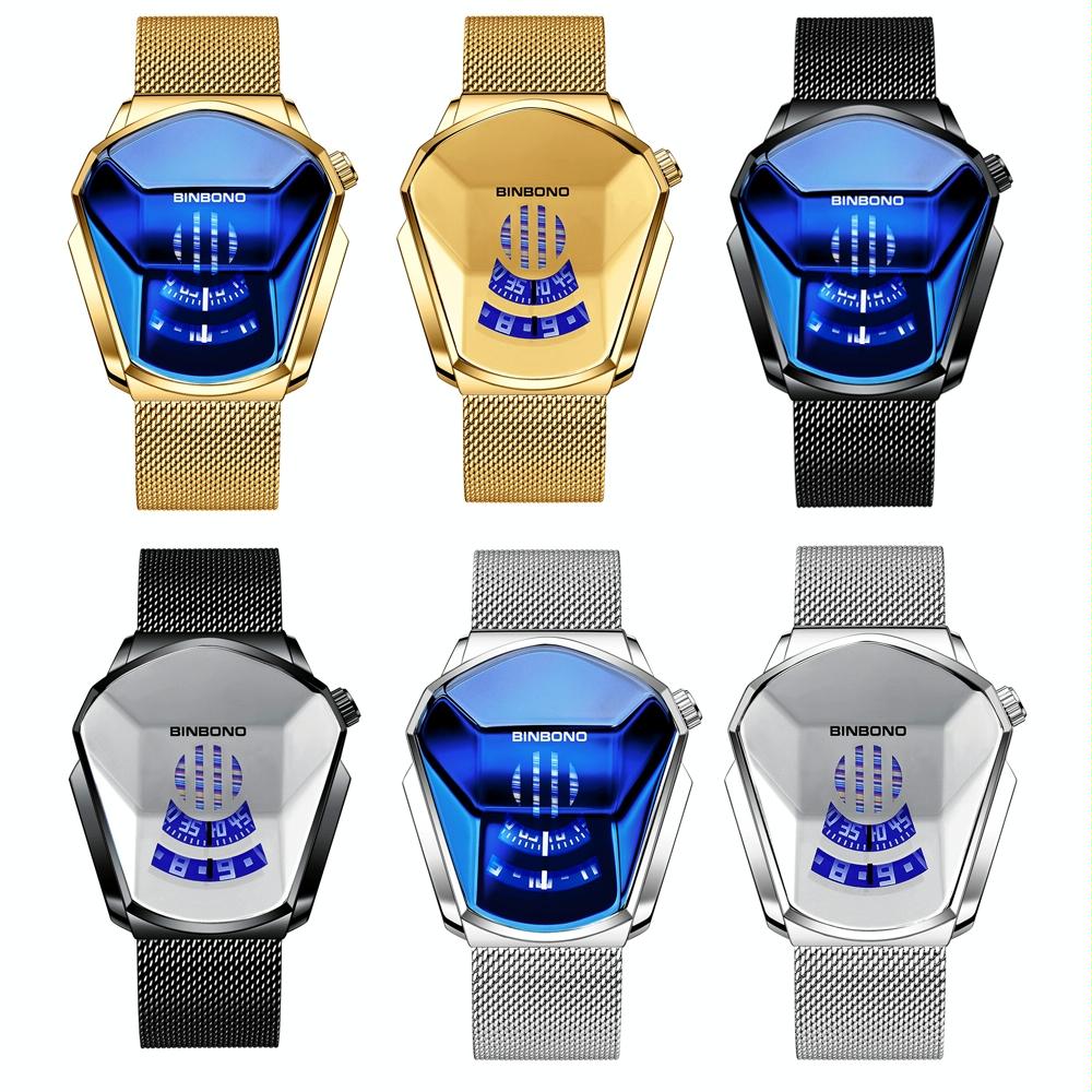 Black Technology Men Watch with Locomotive Concept - Gold Net Belt-Full Gold-Gold Face