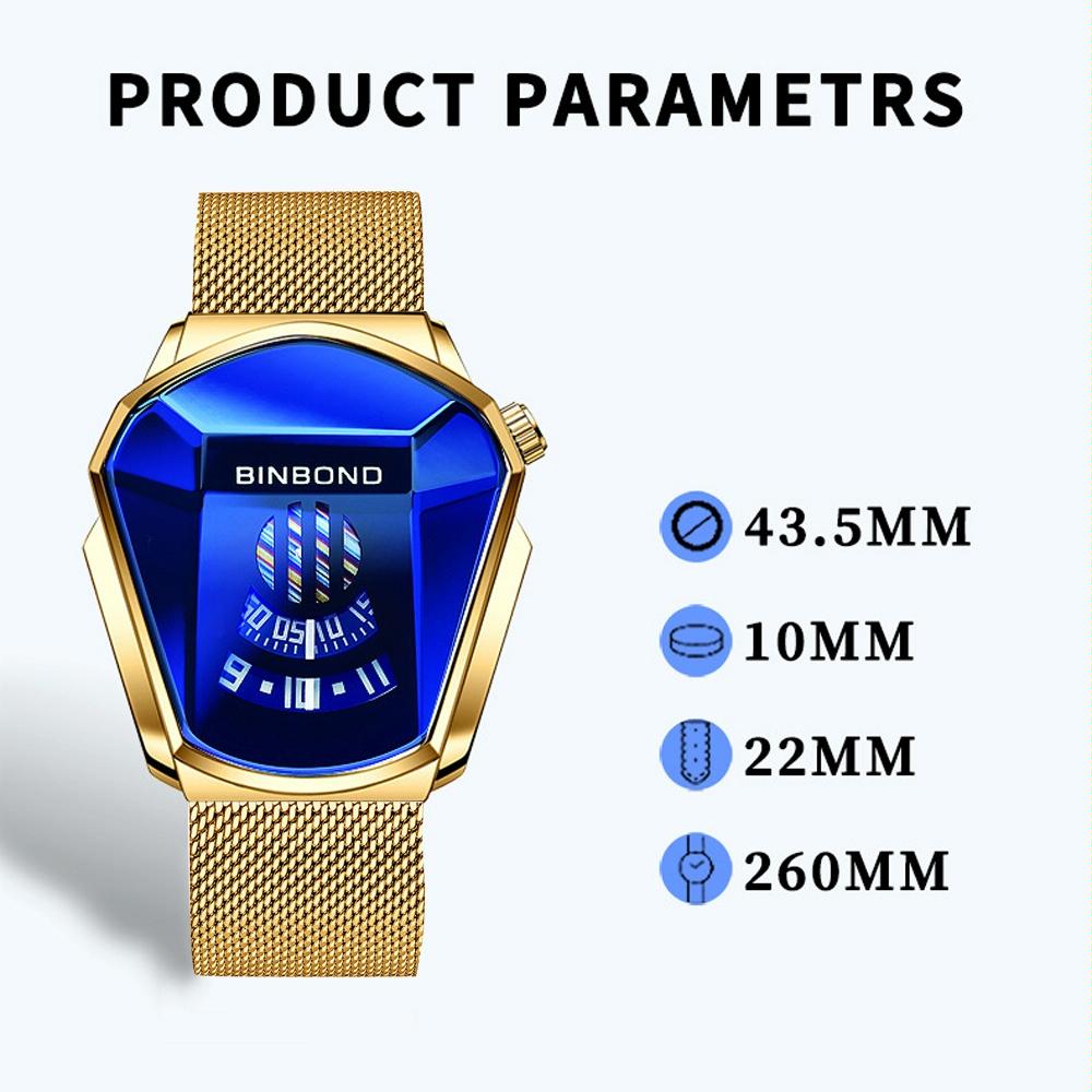 Black Technology Men Watch with Locomotive Concept - Gold Net Belt-Full Gold-Gold Face