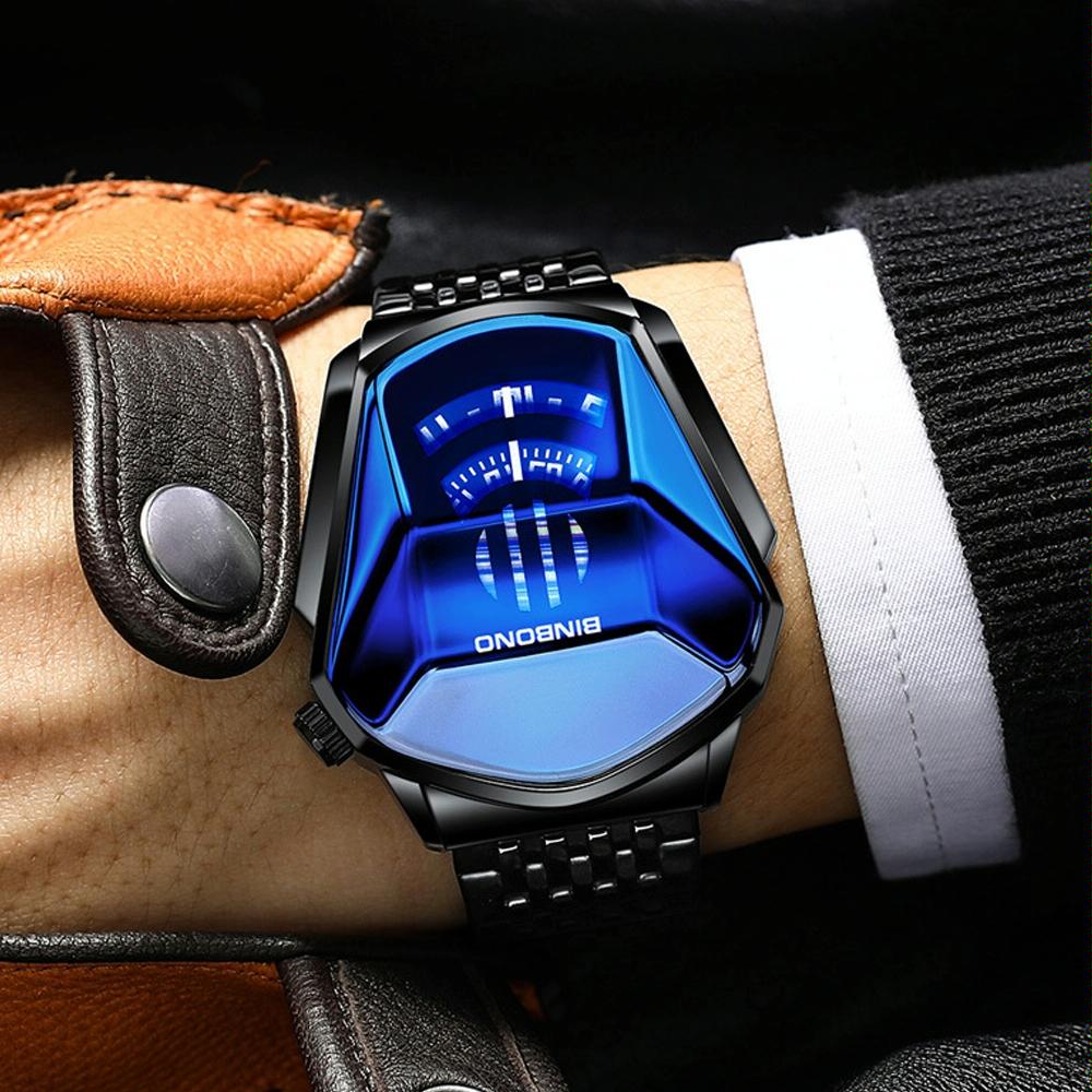 Black Technology Men Watch with Locomotive Concept - Gold Net Belt-Full Gold-Gold Face