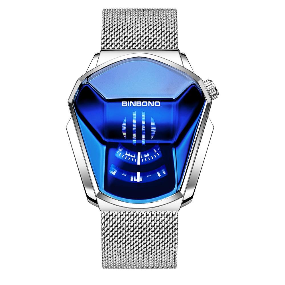 Black Technology Men Watch with Locomotive Concept - Gold Net Belt-Full Gold-Gold Face