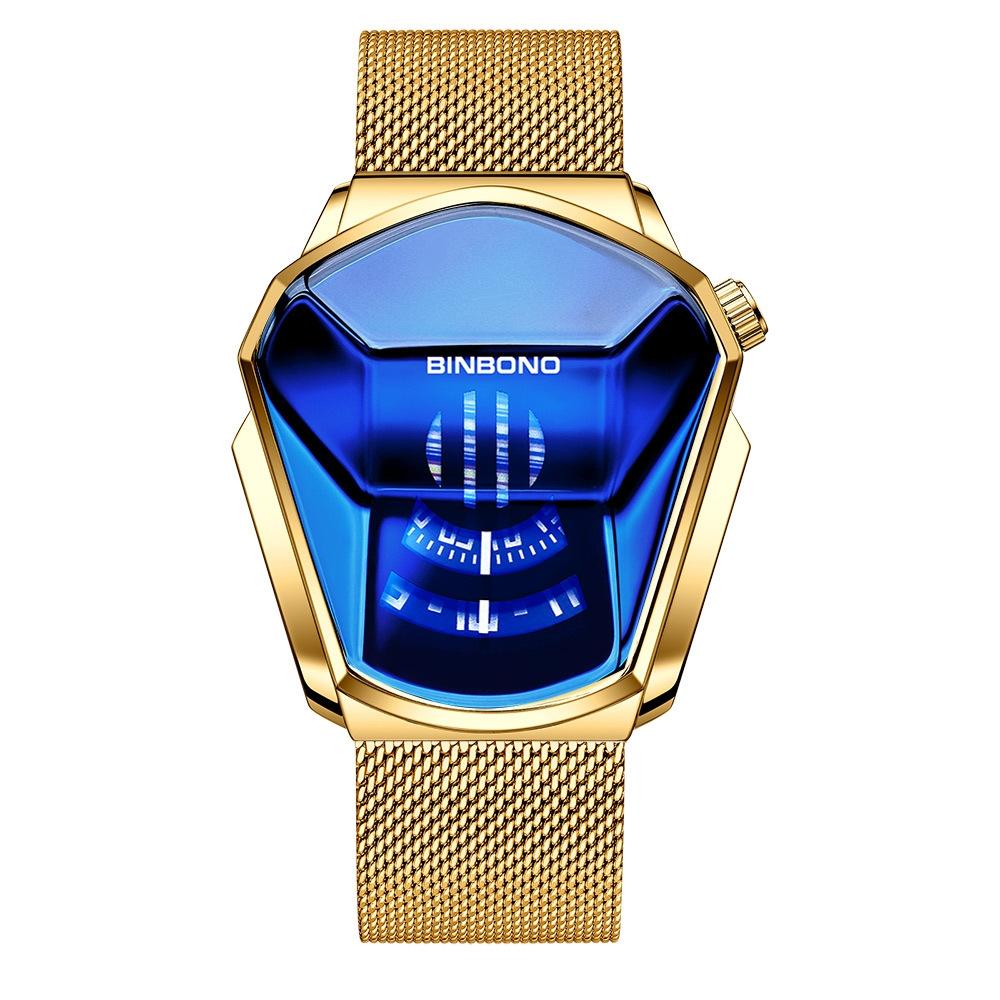 Black Technology Men Watch with Locomotive Concept - Gold Net Belt-Full Gold-Gold Face