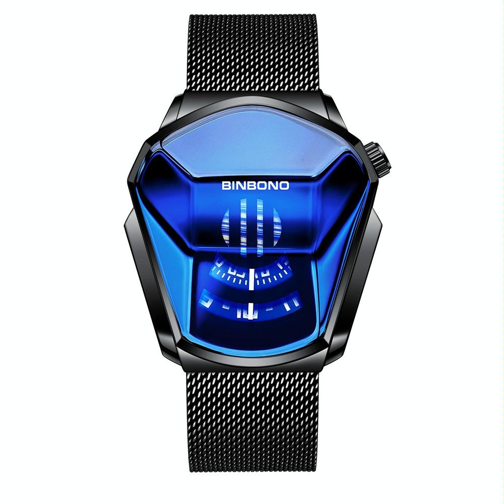 Black Technology Men Watch with Locomotive Concept - Gold Net Belt-Full Gold-Gold Face