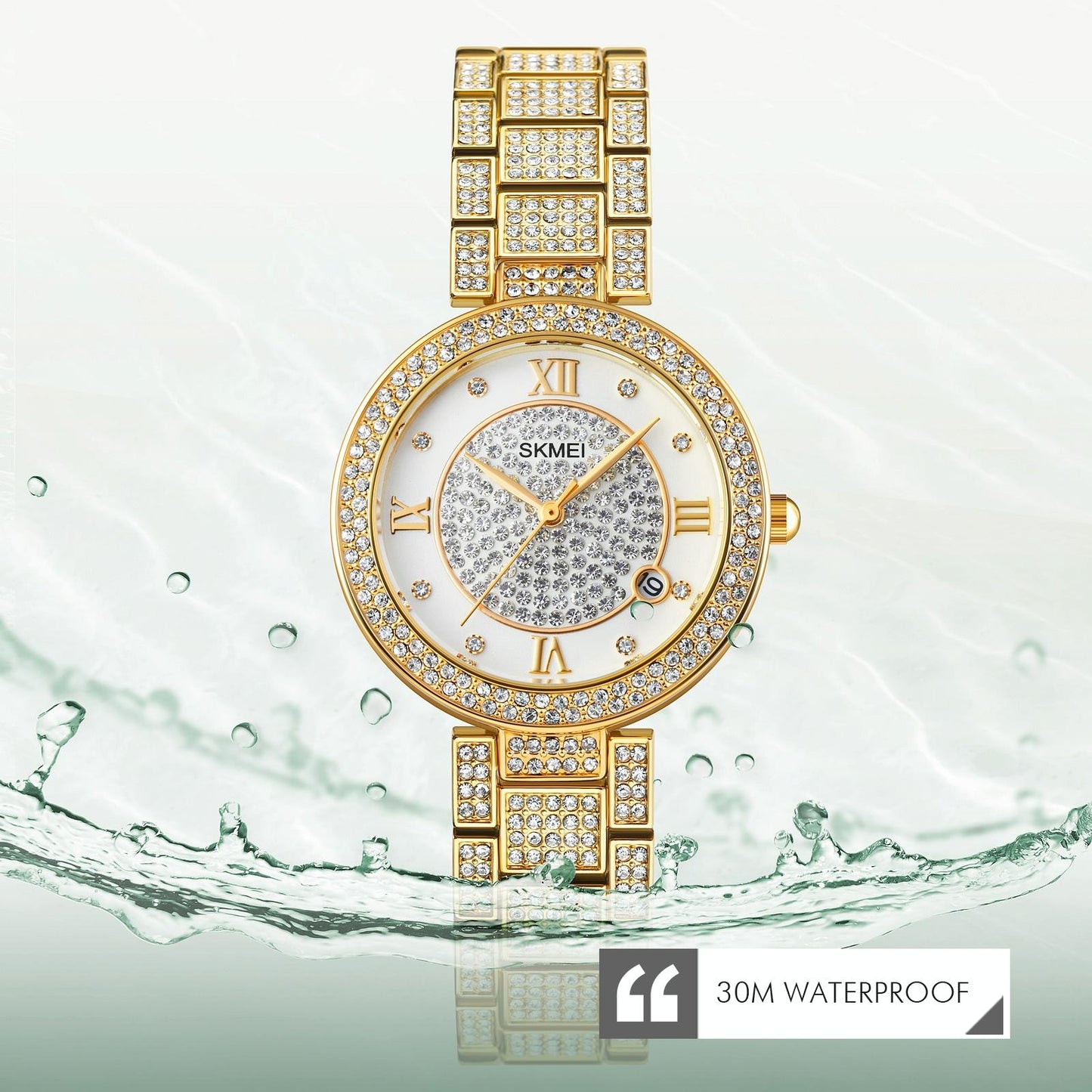 Women Quartz Watch with Diamond Roman Numerals and Round Dial - Gold