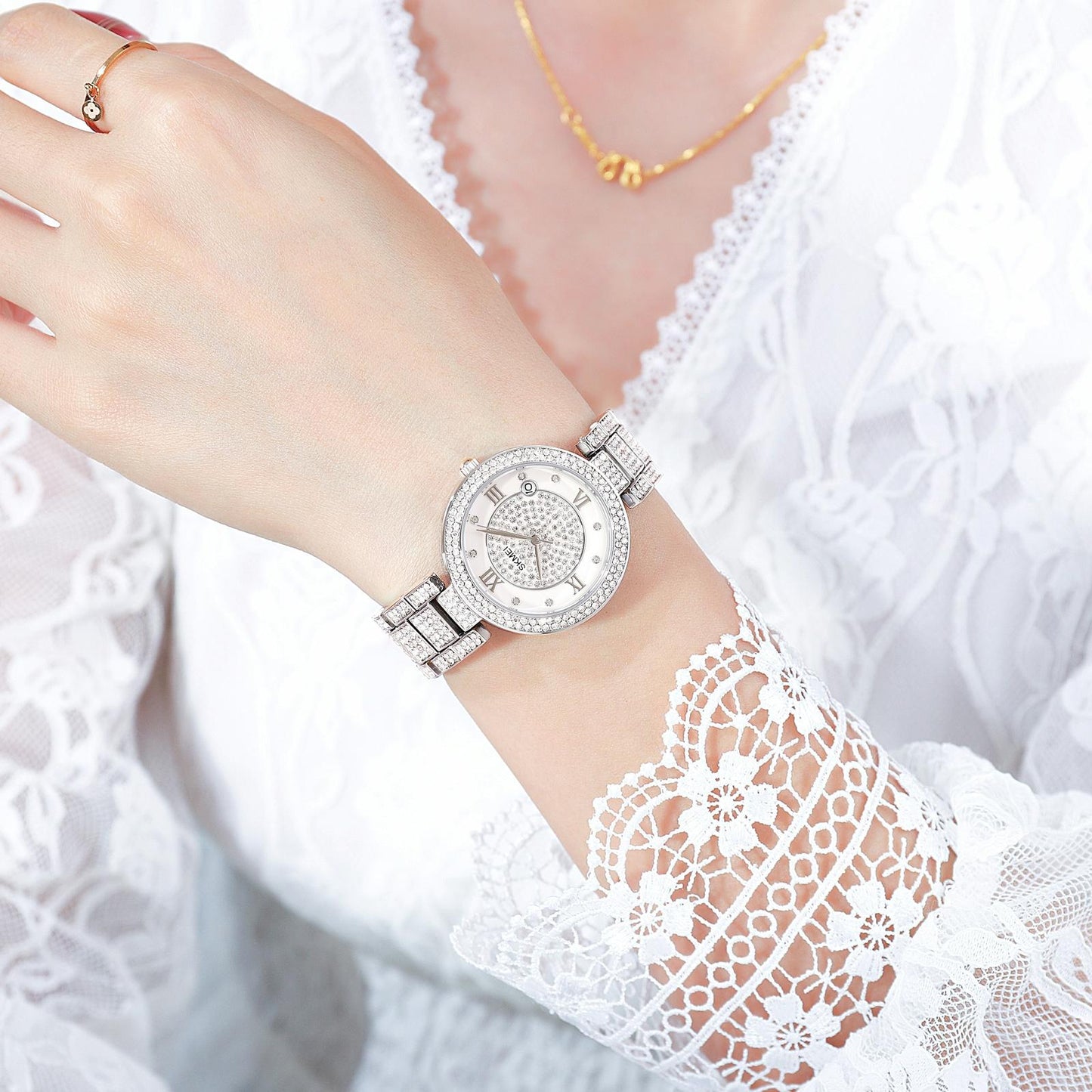 Women Quartz Watch with Diamond Roman Numerals and Round Dial - Gold