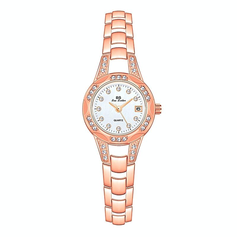 Women Diamond Chain Watch with Calendar - Small Round Design - Gold