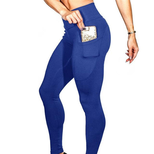 High Elastic Yoga Pants With Pockets For Women Stretch Leggings For Jogging Workout And Running Gym Tights For Women Size M - Blue