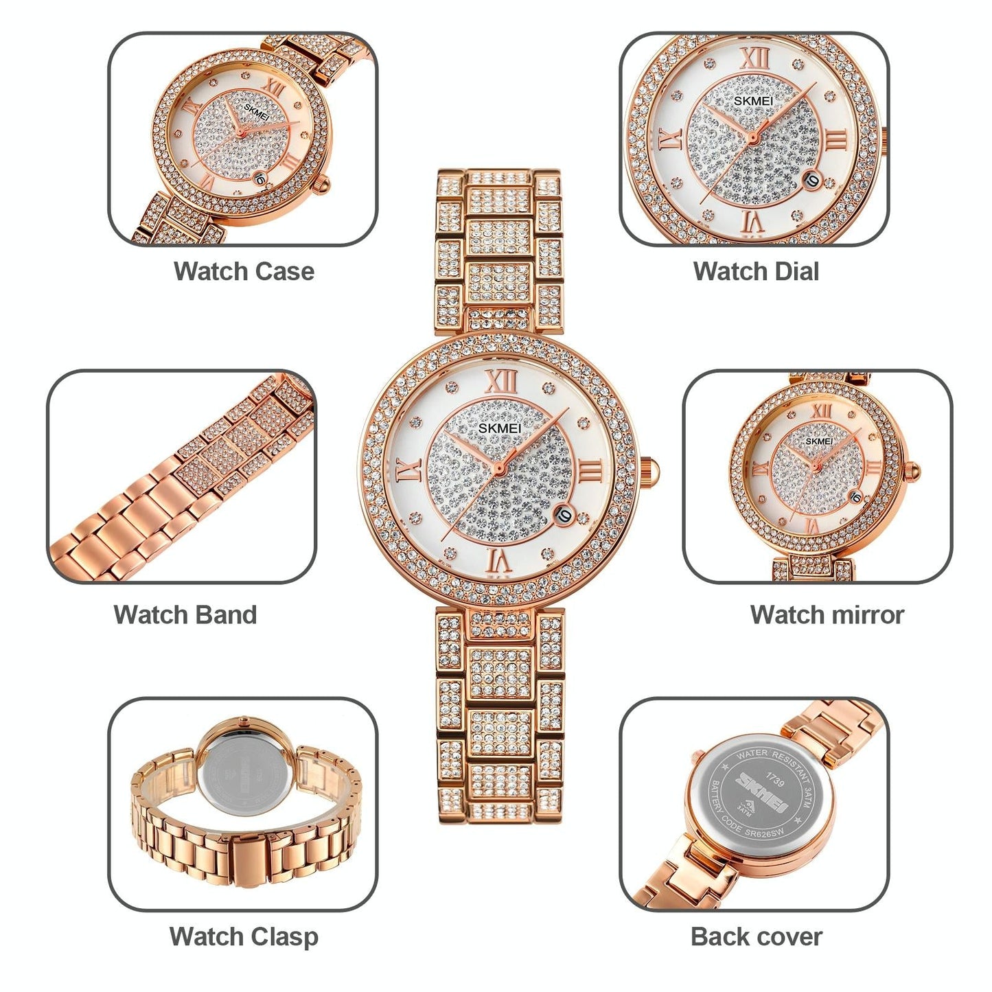 Women Quartz Watch with Diamond Roman Numerals and Round Dial - Silver