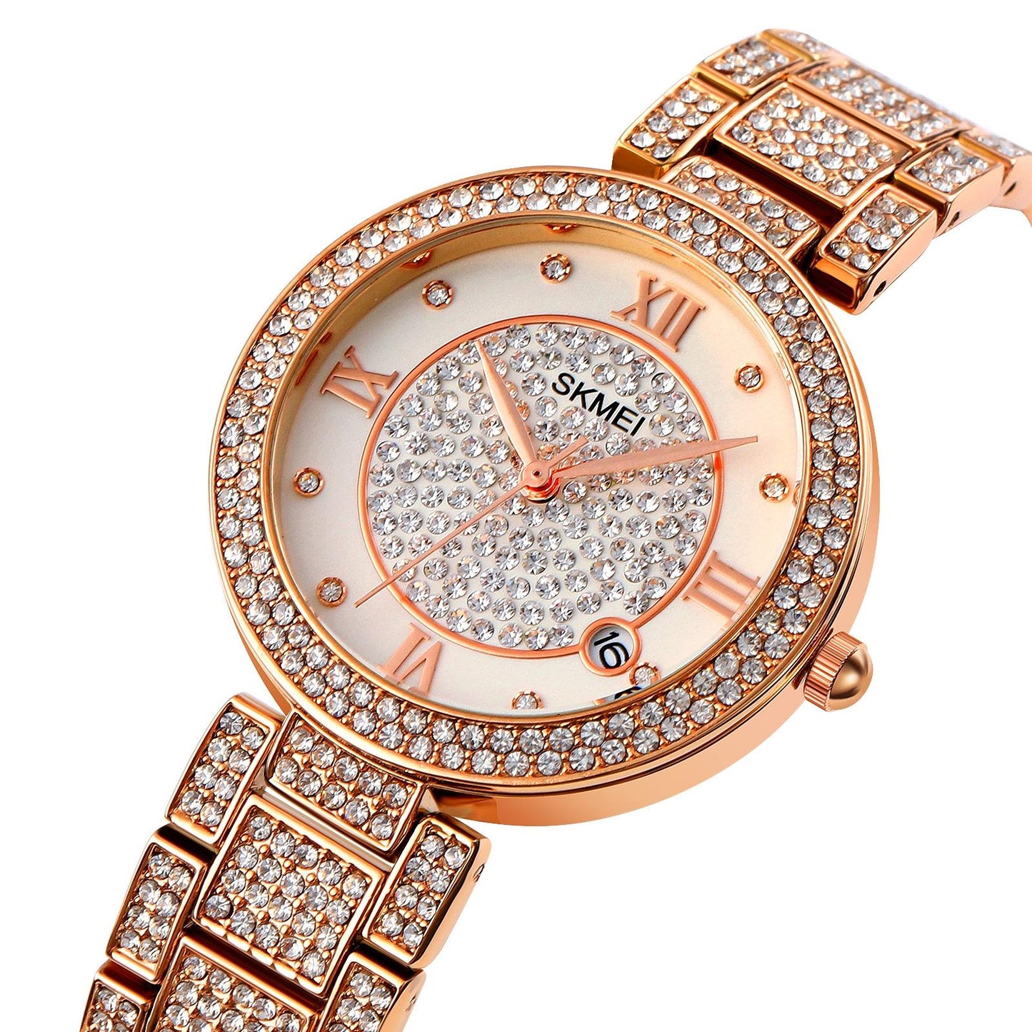 Women Quartz Watch with Diamond Roman Numerals and Round Dial - Silver