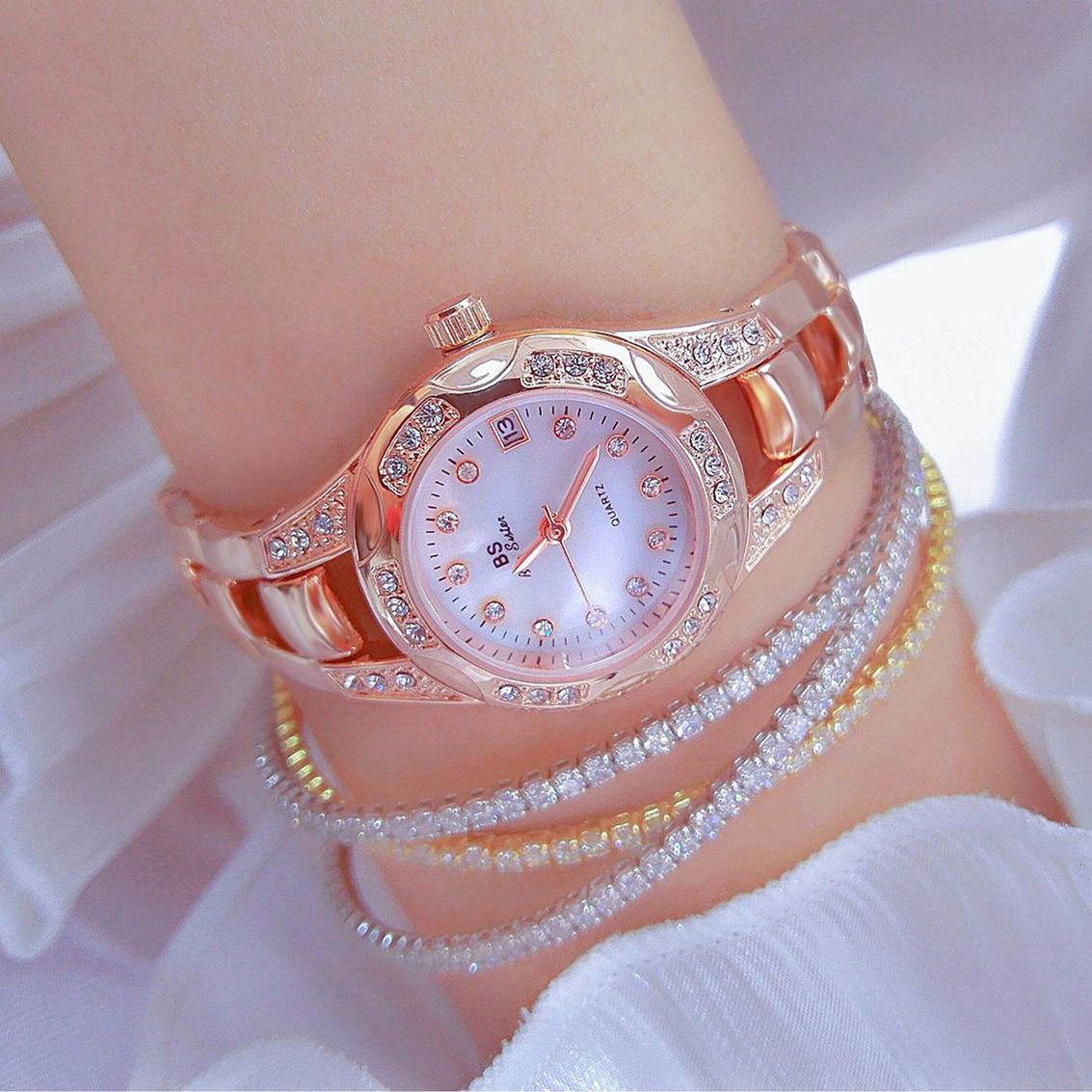 Women Diamond Chain Watch with Calendar - Small Round Design - Rose Gold