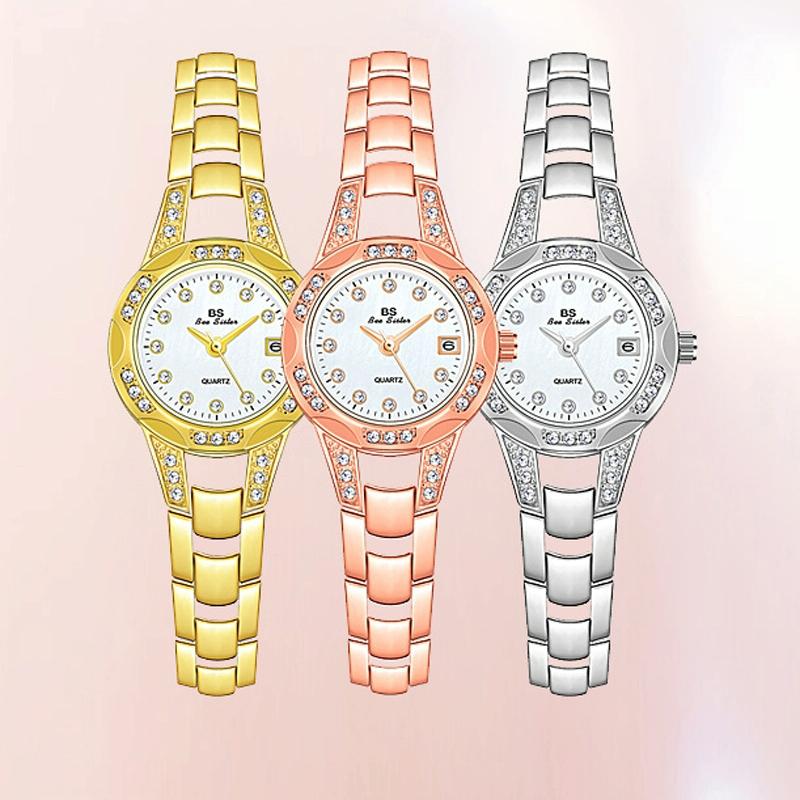Women Diamond Chain Watch with Calendar - Small Round Design - Rose Gold