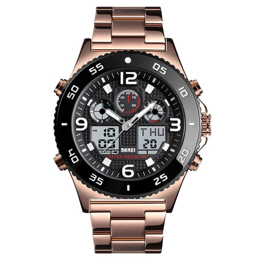 Men Casual Sports Watch with Large Dial and Steel Band - Rose Gold-Steel Belt