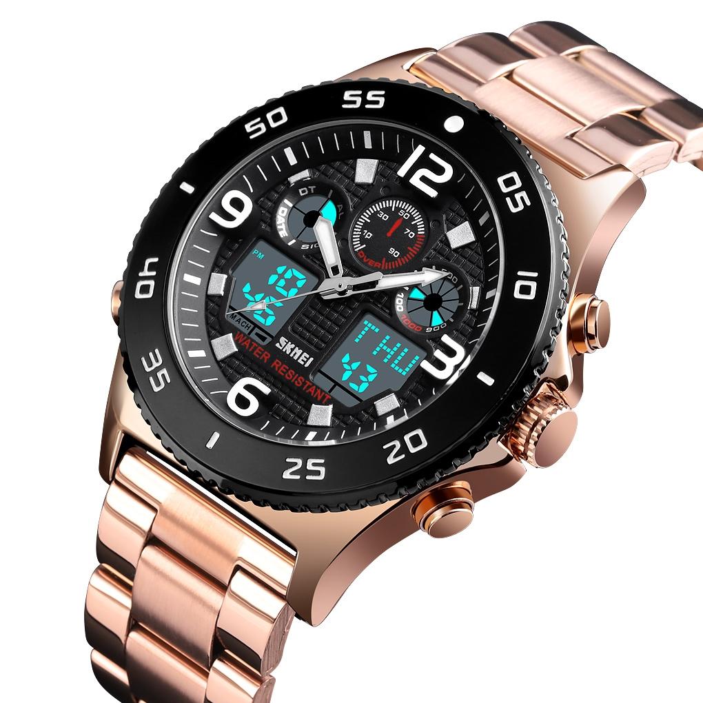 Men Casual Sports Watch with Large Dial and Steel Band - Rose Gold-Steel Belt