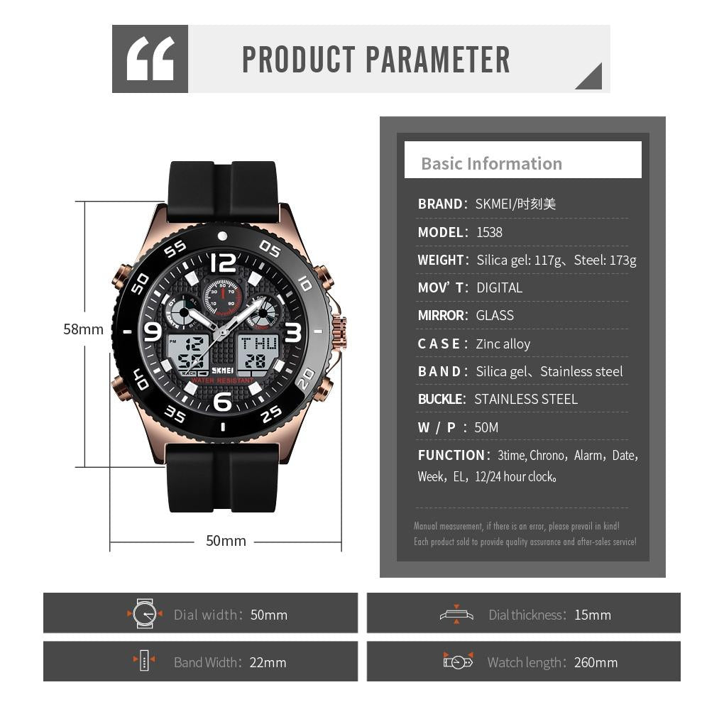 Men Casual Sports Watch with Large Dial and Steel Band - Rose Gold-Steel Belt