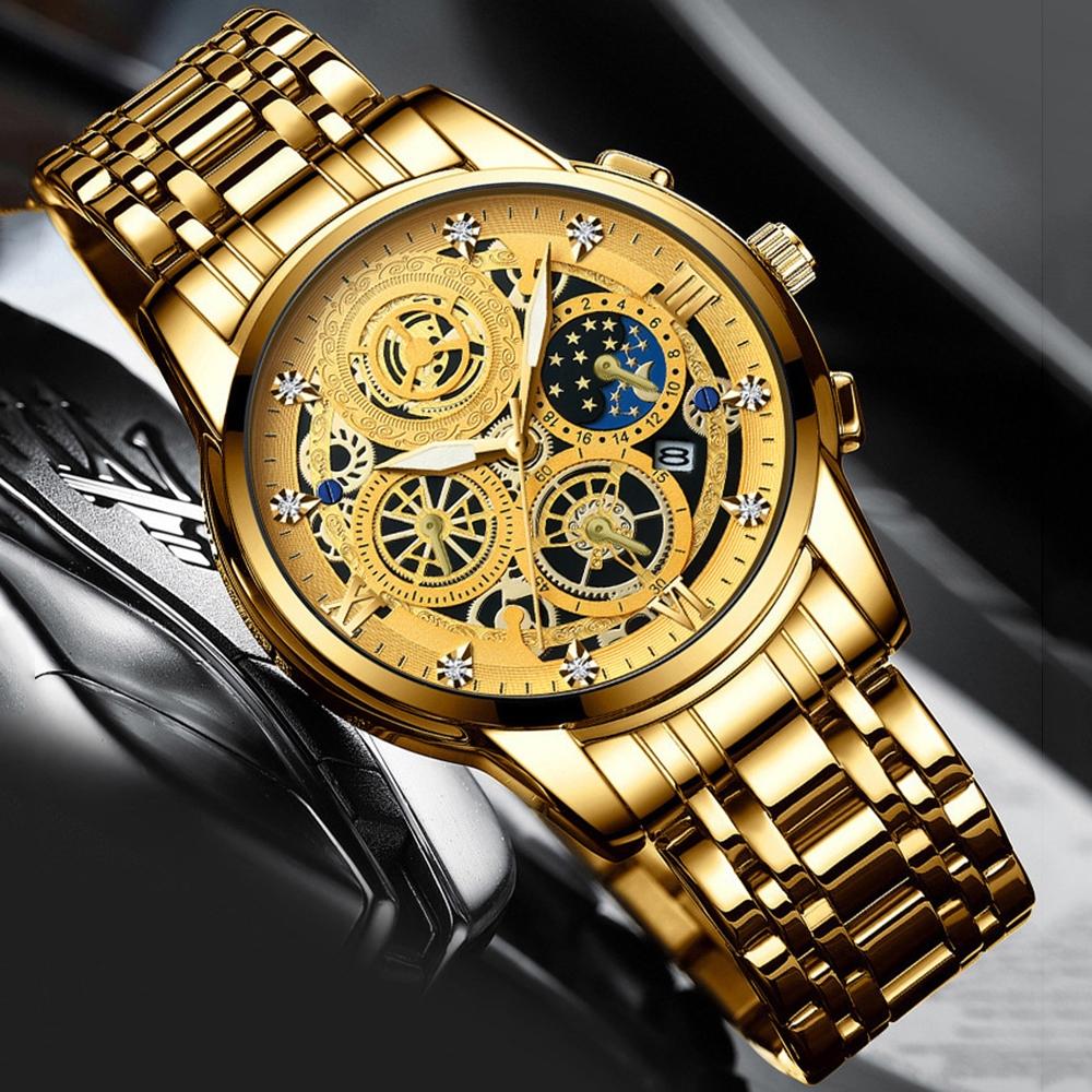 Waterproof Luminous Quartz Watch with Multifunctional Design - Inter-Gold Gold Surface