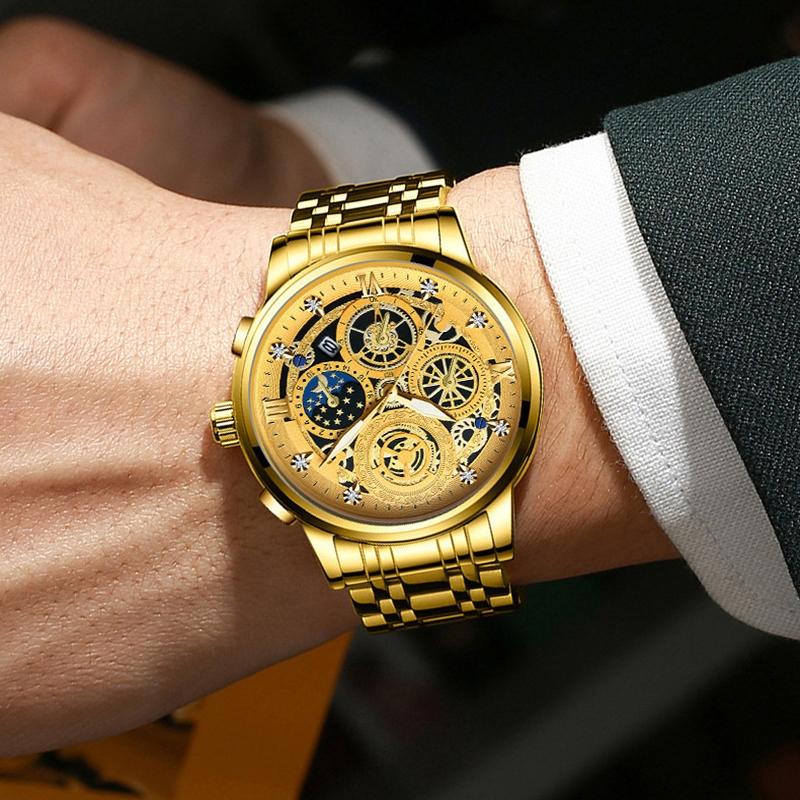 Waterproof Luminous Quartz Watch with Multifunctional Design - Inter-Gold Gold Surface