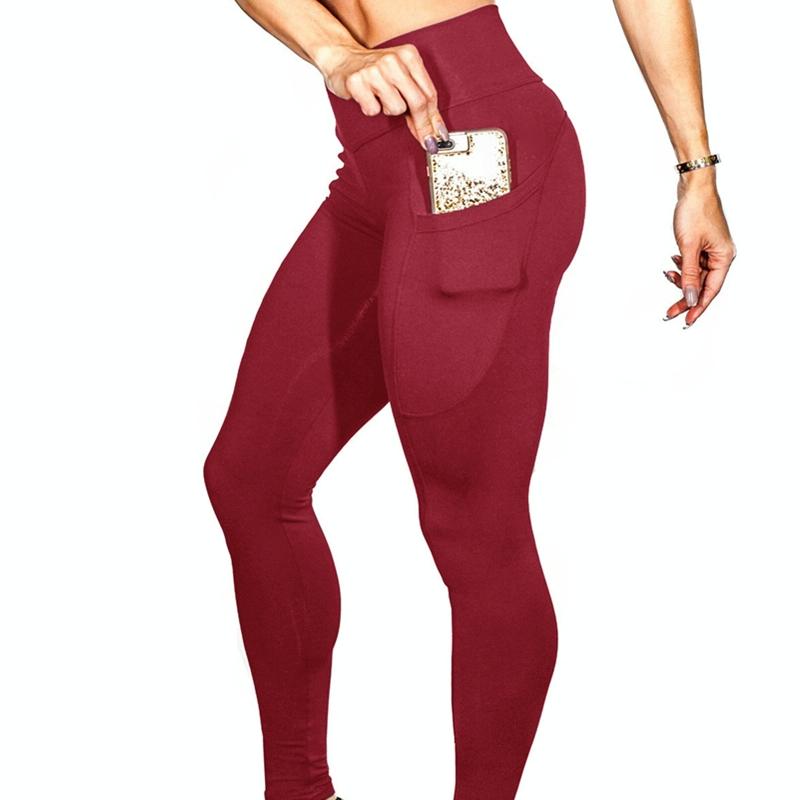 High Elastic Yoga Pants With Pockets For Women Stretch Leggings For Jogging Workout And Running Size S - Red