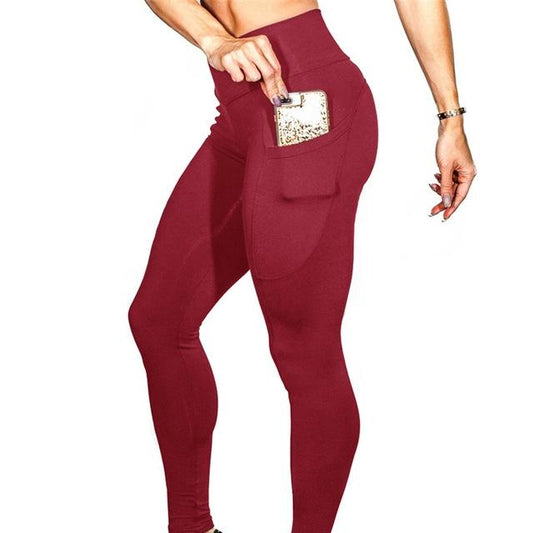 High Elastic Yoga Pants With Pockets For Women Jogging Workout Running Leggings Xl - Red - Xl