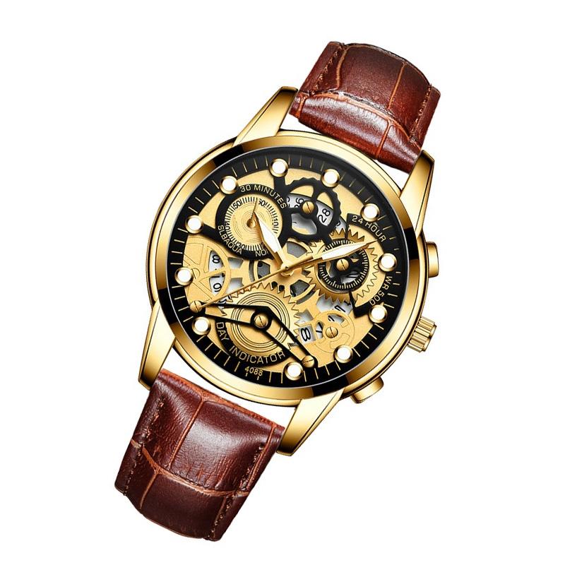 Waterproof Luminous Men Quartz Watch - Hollow Design - Gold And Gold Surface
