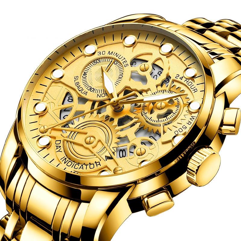 Waterproof Luminous Men Quartz Watch - Hollow Design - Gold And Gold Surface
